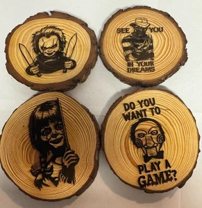Halloween Wood Coasters Freddy Krueger, Jigsaw, Annabel, & Chucky Laser Engraved - Picture 1 of 6