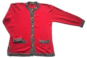 Vintage Womens Cardigan Cashmere Wool Red Leopard Print Retro Indie Boho 14 - Picture 1 of 2