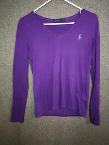 Ralph Lauren Women’s L Purple Long Sleeve V-Neck Tee 100% Cotton Green Logo Top - Picture 1 of 4