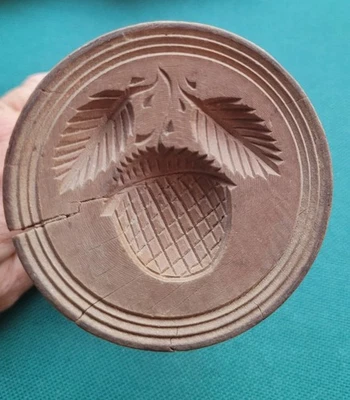 Antique Wooden Butter Mold Press Top, Acorn Design, Primitive Carved - Image 1 of 4