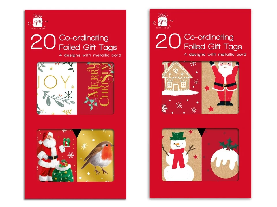 GIFTMAKER Christmas Gift Tags 20 Pack String Writable Kraft Foil Card Recyclable Festive