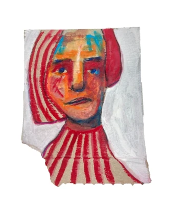 Arte Forastero Original Mujer Primitiva Retrato Ingenuo Pintura Rayas Rojas Foto 1 de 4