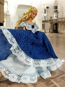 Star Blue Lace Ball Gown - A Unique Handmade Blue& White Doll Ballgown - Picture 1 of 14