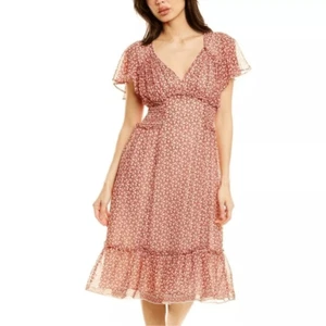 Max Studio Dress Womens Sz XL Flounce Midi Cream Baked Apple Bud Tiered Smocked - Picture 1 of 12