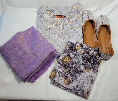 Women's 3pc Cotton Dupatta Kurta Set w/ Matching Shoes - Purple Floral 44" Chest - Image 1 of 4