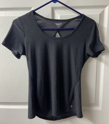 Blusa de treino feminina Old Navy pequena preta malha jersey buraco na fechadura traseira - Imagem 1 de 4