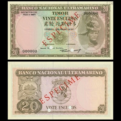 🇹🇱 Timor  20 Escudos  1967  SPECIMEN   P 26 s   Crisp GEM UNC - Image 1 of 4