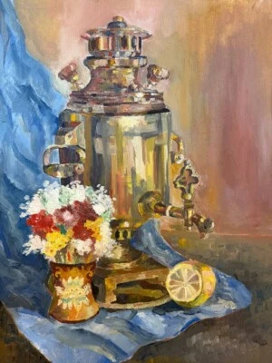 Bodegón con Samovar y flores, pinturas al óleo. artista ucraniano Foto 1 de 4