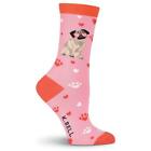Pug in Heart Love Glasses K Bell Women's Crew Socks Pink New Novelty Dog Fashion