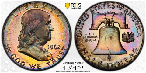 PR64 1962 50C Franklin Silver Proof Half Dollar, PCGS Trueview- Rainbow Toned Cover