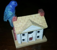 Lenox small white house with blue bird, 1.75" tall, yellow roof, chimney