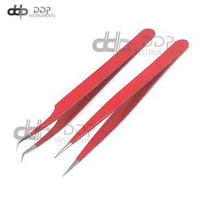 DDP 2 Pcs Eyelash Extension Tweezers Straight & Curved Stainless Steel Red - Picture 1 of 3