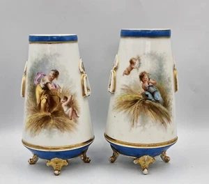 Pair Sevres Style Hand Painted Watteau Decoration Children Cherubs Vases READ - Picture 1 of 19