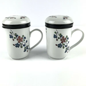 Set of 2 Tea Mugs Cup Strainers With Lids White Black Stripe Floral Design - Picture 1 of 12