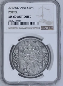 Ukraine Silver Coin "Potter" 2010 NGC MS 69 ANTIQUED - Picture 1 of 2