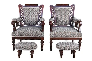 2 Antique Victorian Pierced & Carved Mahogany Library Parlor Club Arm Chairs - Picture 1 of 17
