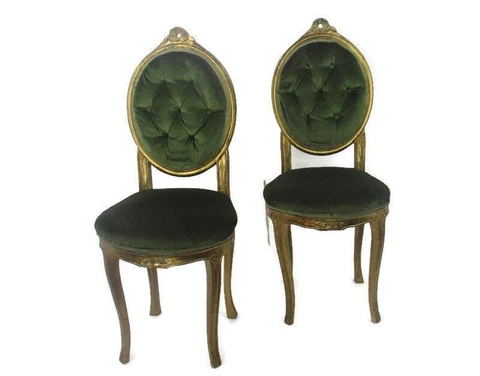 Pair Vintage Lounge Decorative Chair  French Provincial style Carved Wood Green Cover