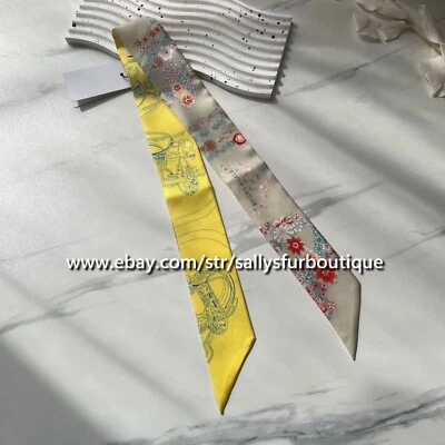 Sallys 18 Momme Twill Silk Scarf Ribbon Flowers Print Hair Bag Neck Tie 33" * 2" - Image 1 of 4