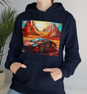 AI Art: Sports Car Hoodie in Stained Glass in the Desert, Hooded Sweatshirt - Picture 1 of 15