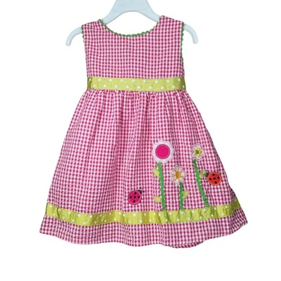 Vestido para niños pequeños 2T Seersucker Baby Togs Ladybug flores rosa guinga bordado Foto 1 de 4