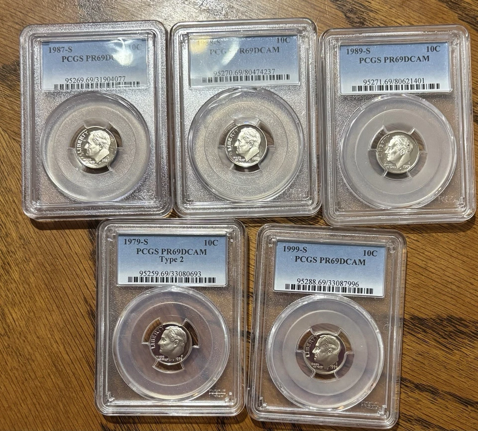 +Lot Of 5 PCGS PR69DCAM Dimes  1979 S , 1987, 1988 ,1989 ,1999 S - Image 1 of 1