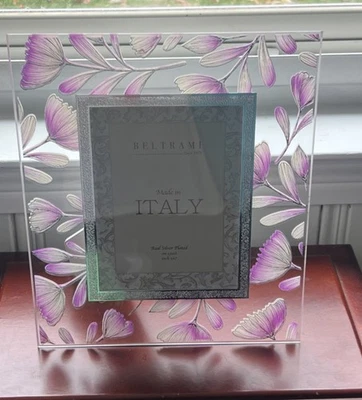 Marco de fotos Beltrami vidrio transparente real plateado púrpura floral foto 5x7 Foto 1 de 3