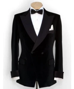 Black Double Breasted Blazer Mens Velvet Coat Wedding Party Wear Dinner Jacket - Picture 1 of 3