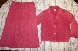 VTG PRODUCE COMPANY 2 PC SET OUTFIT CHENILLE JACKET SKIRT ACID WASH SOFT RED XL - Picture 1 of 22