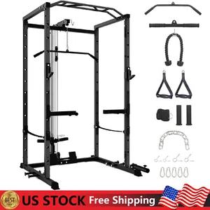 Power Cage Power Rack with Pulley System J-Hooks Squat Rack Workout for Home Gym - Picture 1 of 11