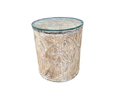 Hand-Carved Mango Wood Accent Drum Table Elephants design and glass top - Image 1 of 4