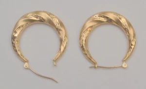 Yellow gold hoop earrings 14k brushed gold earrings diamond cut gold hoop E3 - Picture 1 of 6