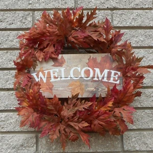 17" Fall Welcome Sign Thanksgiving Maple Leaves Grapevine Wreath - Picture 1 of 4