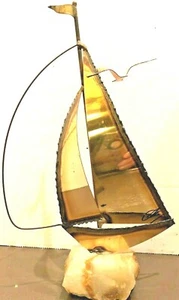 Vintage 9 Inch Signed Sailboat Flag Seagull Bird Rock Base Nautical - Picture 1 of 11