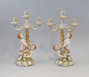 9987239 Coppia di candelabri in porcellana barocca portacandele putti magnifici H38cm - Foto 1 di 3