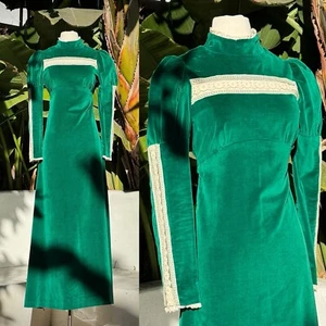 Vintage 1960s 70s Green Velvet Juliet Sleeve Maxi Dress S M - Picture 1 of 10