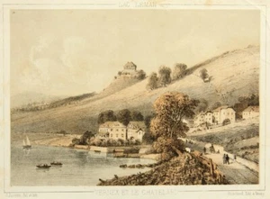 J. JACOTTET (1806-1880), Genfersee und Schloss Châtelard, Lithographie Romantik - Bild 1 von 5