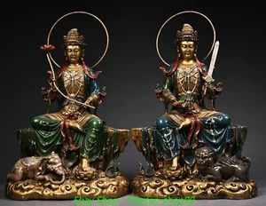12.6" Old Tibet Pure Bronze Gold Wenshu Puxian Bodhisattva Buddha Statue Pair - Picture 1 of 10
