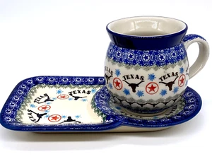 Polish Pottery Unikat Boleslawiec TEXAS Longhorns Cup Saucer Coffee Tea NEW RARE - Picture 1 of 17