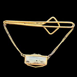 Vintage Art Deco Montana Moss Agate Tie Bar Clip Hanging Chain Gold Brass Mens