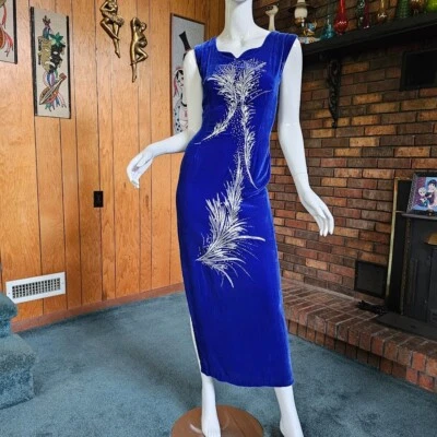 Vtg 70s Sapphire Blue Silk Velvet Cheongsam Silver Qipao Formal Evening Dress S - Image 1 of 4