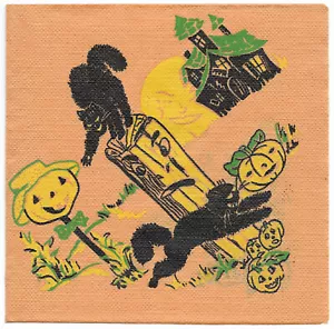 Vintage REED Crepe Paper Halloween Napkin ~ Black Cats, Haunted House, JOLs - Picture 1 of 3