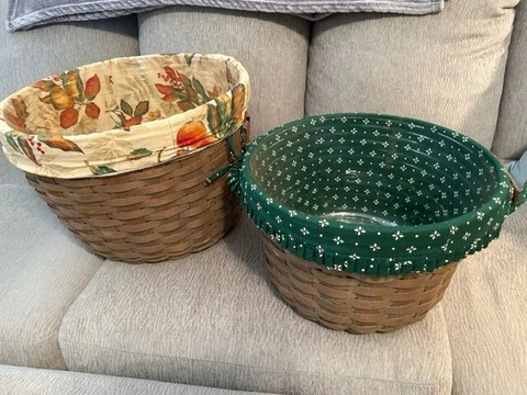 Longaberger RARE 1982 Large Fruit & 1983 Large Bushel baskets with liners Cover