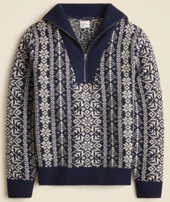 J Crew Wool Sweater Mens Blue Fair Isle Nordic 1/4 Zip Warm Chunky Shawl Collar - Image 1 of 4