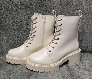 New Lace Up Boots Womens 9 Combat Ankle Booties Chunky Block Heel Side Zipper - Picture 1 of 14