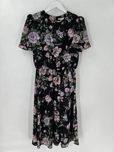 Caroline Wells Vintage Dress Womens 6 Petite Black Pink Floral Print Ruffle - Picture 1 of 16
