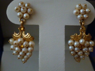 22K solid yellow gold (10.5g) earrings with seed pearls and natural citrine.  - Image 1 of 4