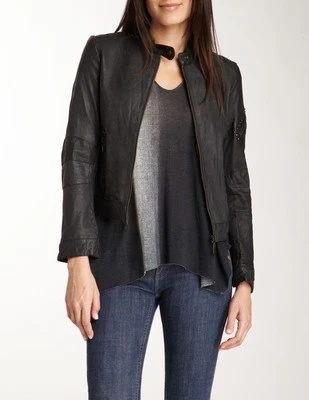 DOMA New Studded Washed Textured Lamb Leather MOTO Jacket L Coat BLACK NWT $750 - Image 1 of 4