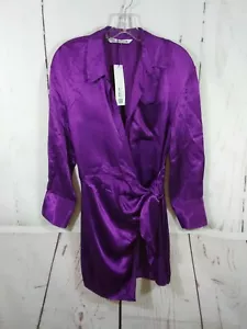 Zara Satin Effect Wrap Mini Dress Womens S Eggplant Purple Date Night Club Party - Picture 1 of 12