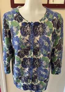 Talbots Cardigan Sweater Woman “L “ BLUE Floral Metallic Thread Blue Buttons - Picture 1 of 14