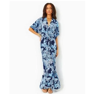 Lilly Pulitzer Wisteria Elbow Sleeve V-Neck Maxi Dress Low Tide Navy Blue White - Picture 1 of 15